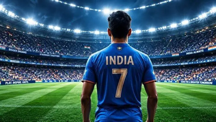 Cricketer in an India jersey facing a packed floodlit stadium