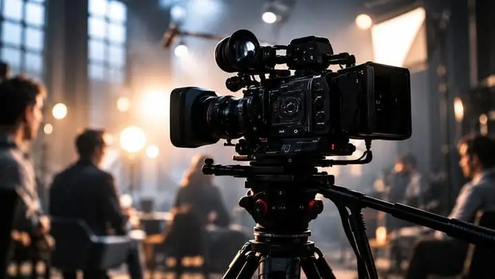 Professional film camera on a tripod during a studio production shoot