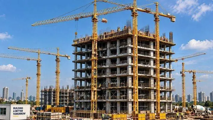 High-rise building under construction, surrounded by tower cranes