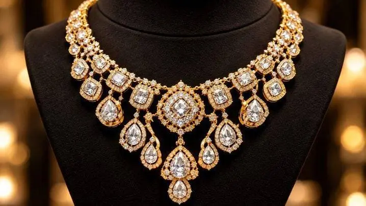 Ornate diamond and gold necklace on display, representing the jewellery industry