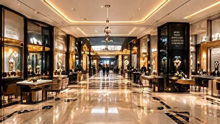 Elegant marble-floored mall corridor lined with luxury retail displays