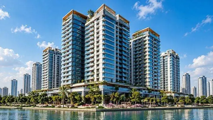 Modern waterfront residential towers set against a city skyline