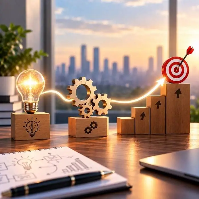 A lightbulb, gears and ascending growth blocks leading to a target, symbolising ideas turned into committed action