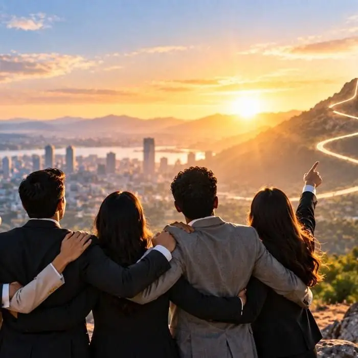 A team standing together looking out over a city at sunrise, with a winding road leading toward a distant flagged peak, symbolising unity of purpose