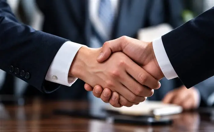 Two businesspeople in suits shaking hands across a desk