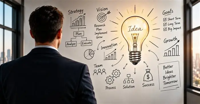 Businessman looking at a whiteboard covered in strategy and idea sketches