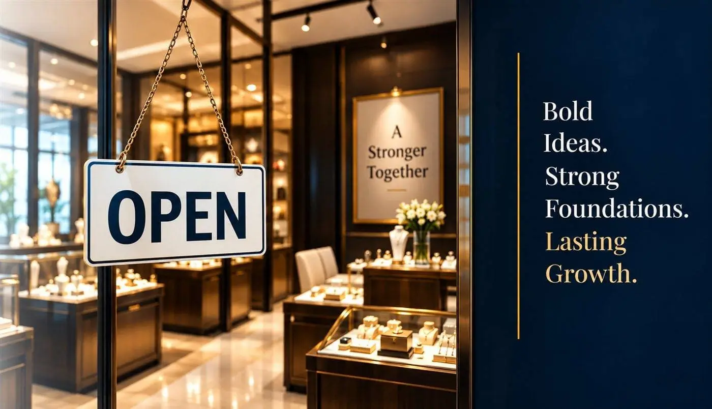 Open sign hanging on a retail shop door, elegant jewellery showroom in the background