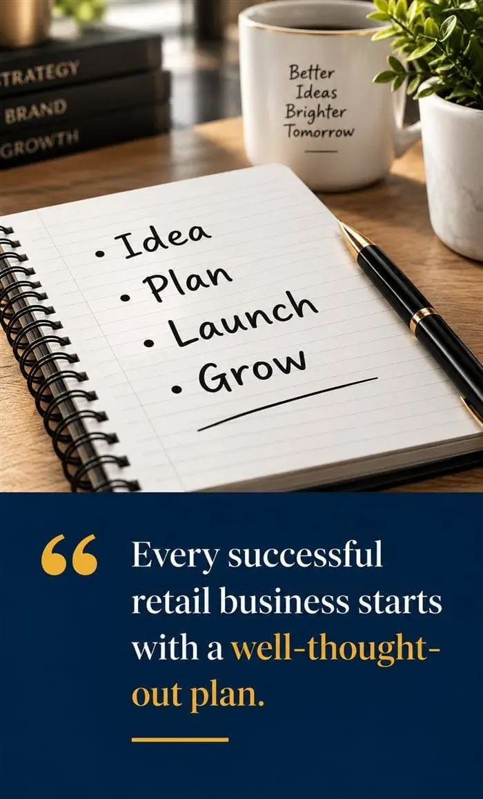 Notebook reading Idea, Plan, Launch, Grow beside a mug that says Better Ideas Brighter Tomorrow