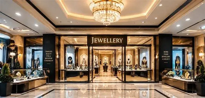 Grand jewellery showroom entrance with crystal chandelier