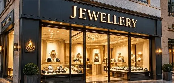 Elegant jewellery storefront with illuminated window displays