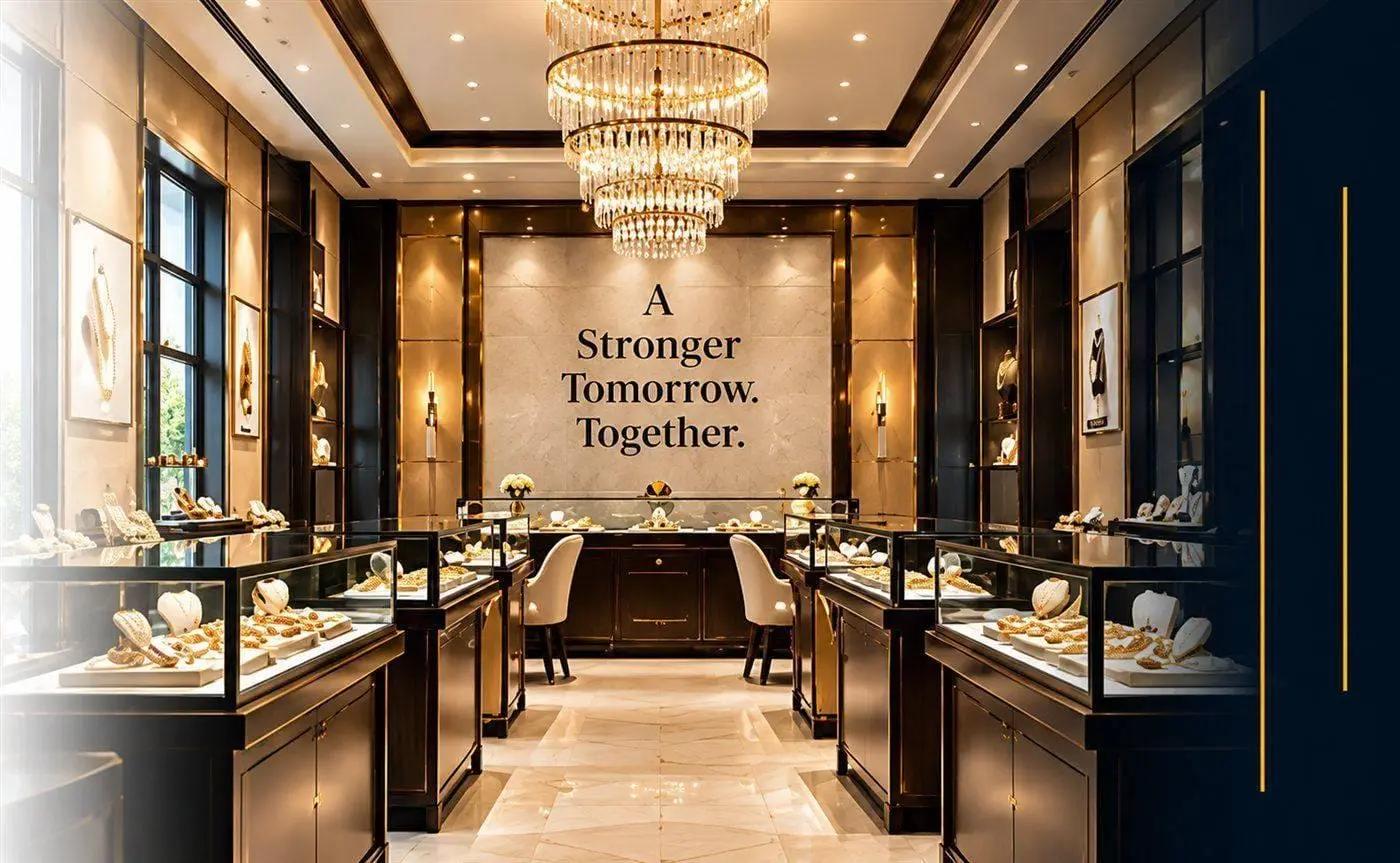 Elegant jewellery showroom interior with glass display cases and a crystal chandelier