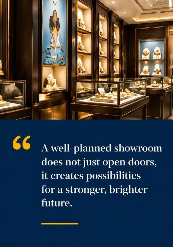 Showroom wall display of fine jewellery beside the quote about a well-planned showroom