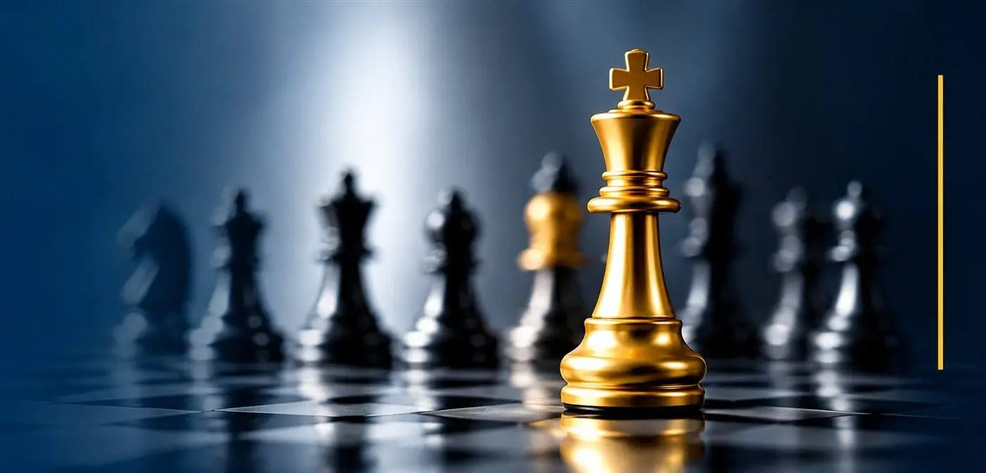 Gold king chess piece standing ahead of silver and black pieces on a chessboard