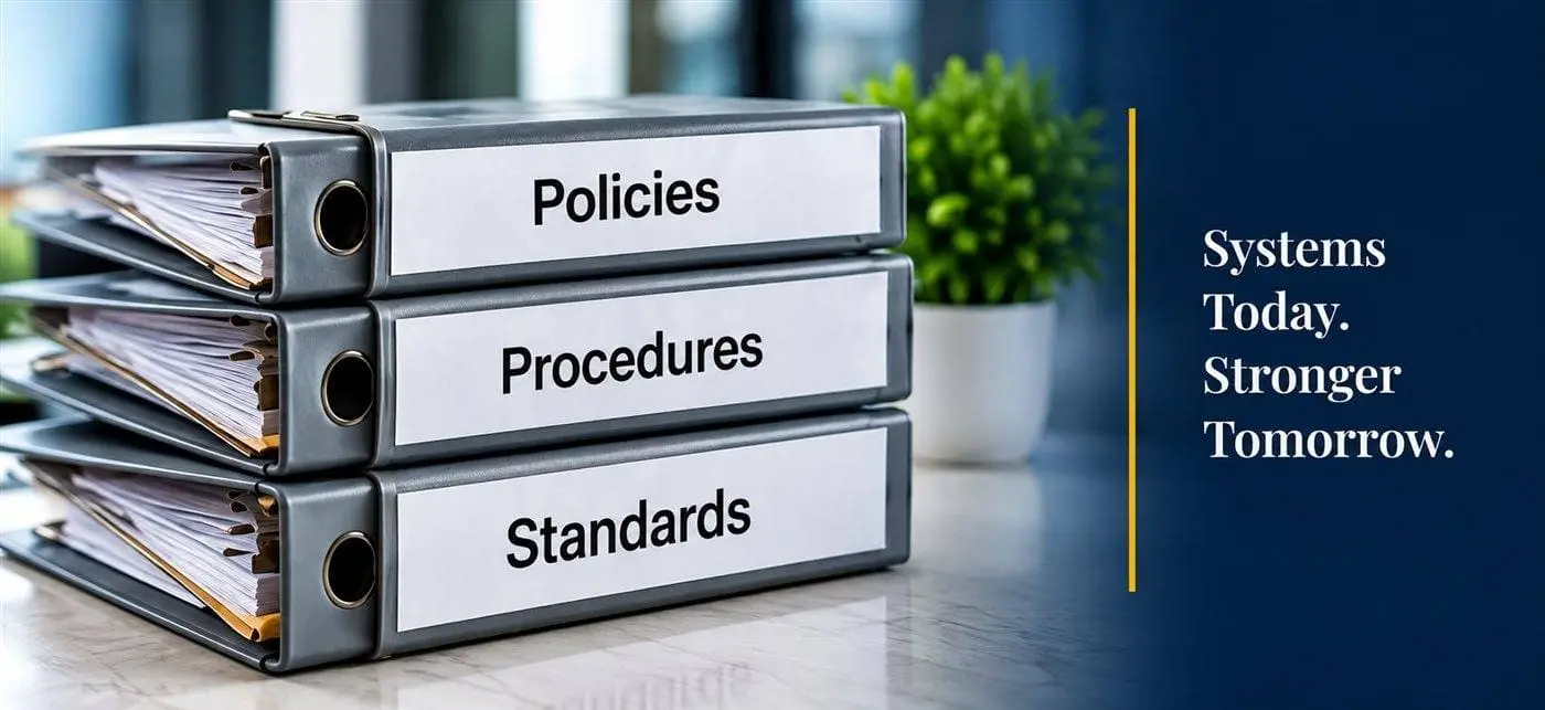 Stack of binders labelled Policies, Procedures and Standards on a desk