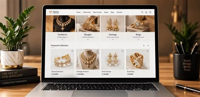 Laptop showing a jewellery e-commerce website with product photography