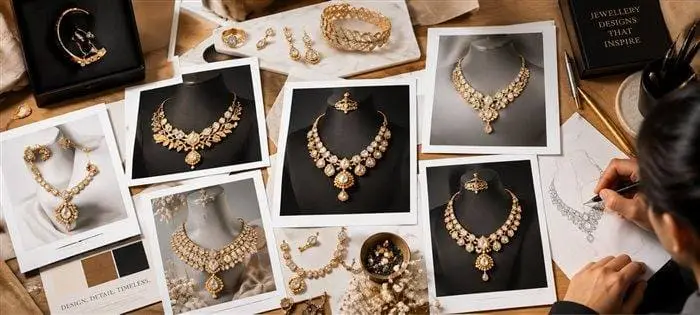 Moodboard of jewellery photography styles and design sketches