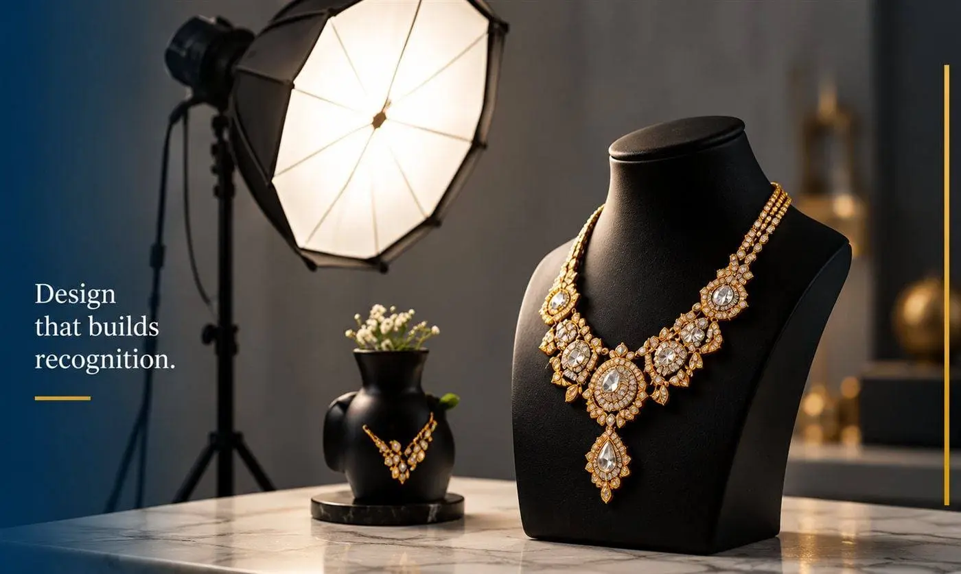 Gold necklace on display under studio lighting, beside the words Design that builds recognition