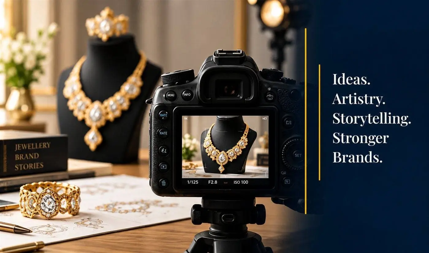 Camera capturing a product shot of a gold necklace on a jewellery photography set