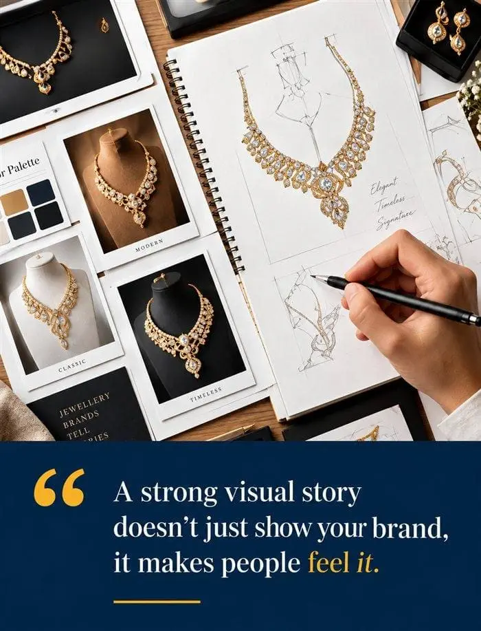 Moodboard of jewellery photography prints and a hand sketching a necklace design, beside the quote about visual storytelling